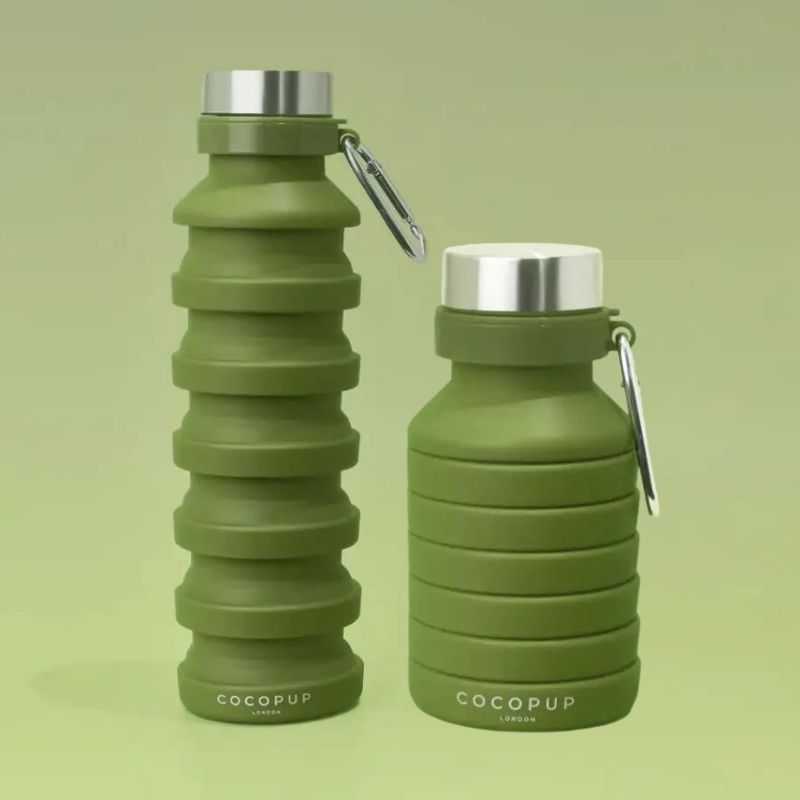 Say hello to our Khaki Collapsible Water Bottle.  This clever design collapses down to a compact size when not in use. When you're ready to fill it, pull it to expand into a regular-size bottle.