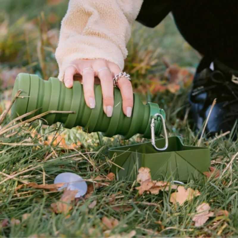 Say hello to our Khaki Collapsible Water Bottle. This clever design collapses down to a compact size when not in use. When you're ready to fill it, pull it to expand into a regular-size bottle.