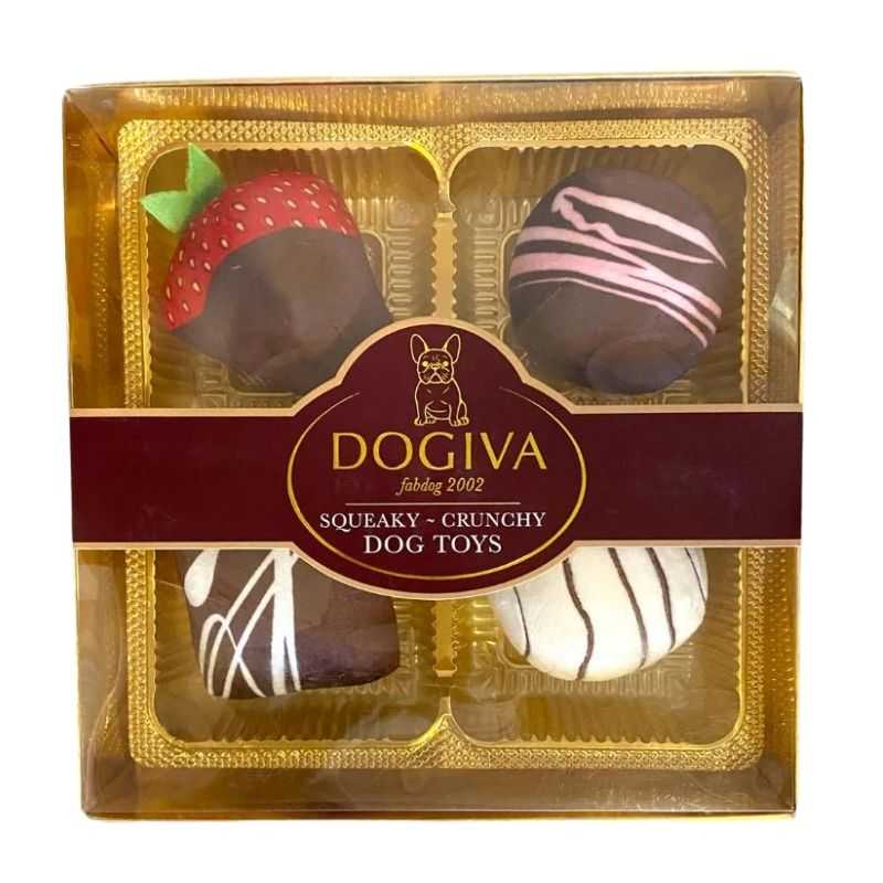 Dogiva Box of Chocolate Plush Dog Toy - 4 squeaky, crunchy dog toys inspired by your favourite bonbon.