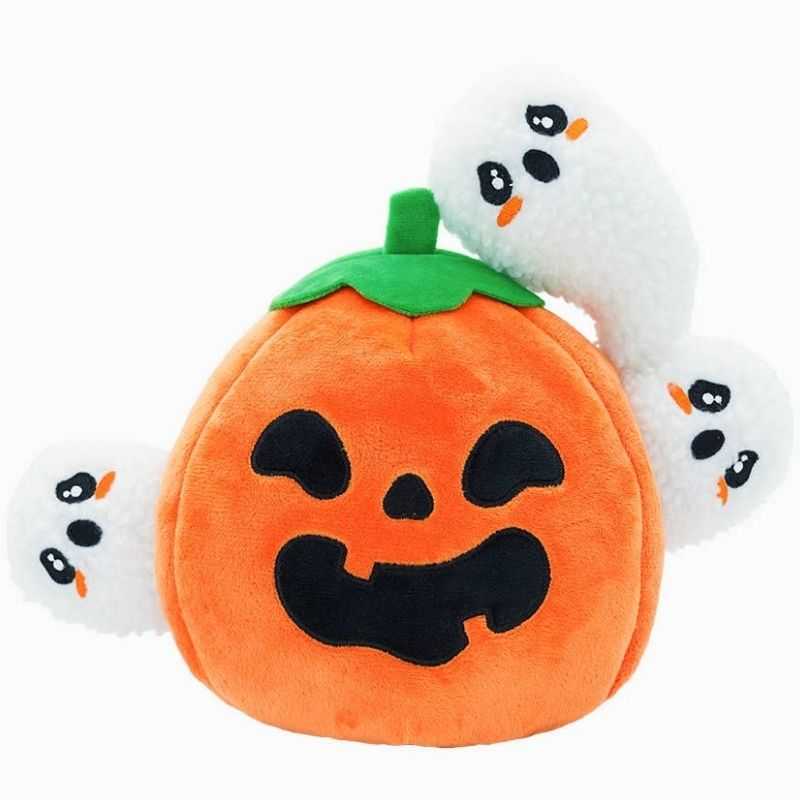 Give your dog this fun Ghost Pumpkin Burrow Plush Dog Toy this Halloween. Keep your pooch busy and let them have a "howl" of a time trying to figure out how to remove the three squeaky ghost toys.