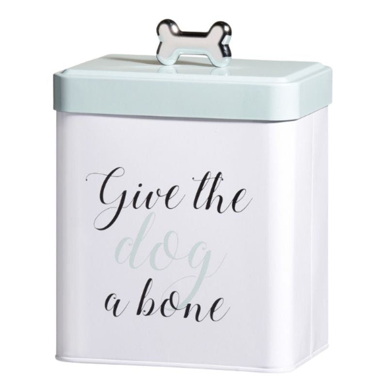 The Give the Dog a Bone Treat Tin features decorative lettering and a push top lid and a silver bone shaped handle.