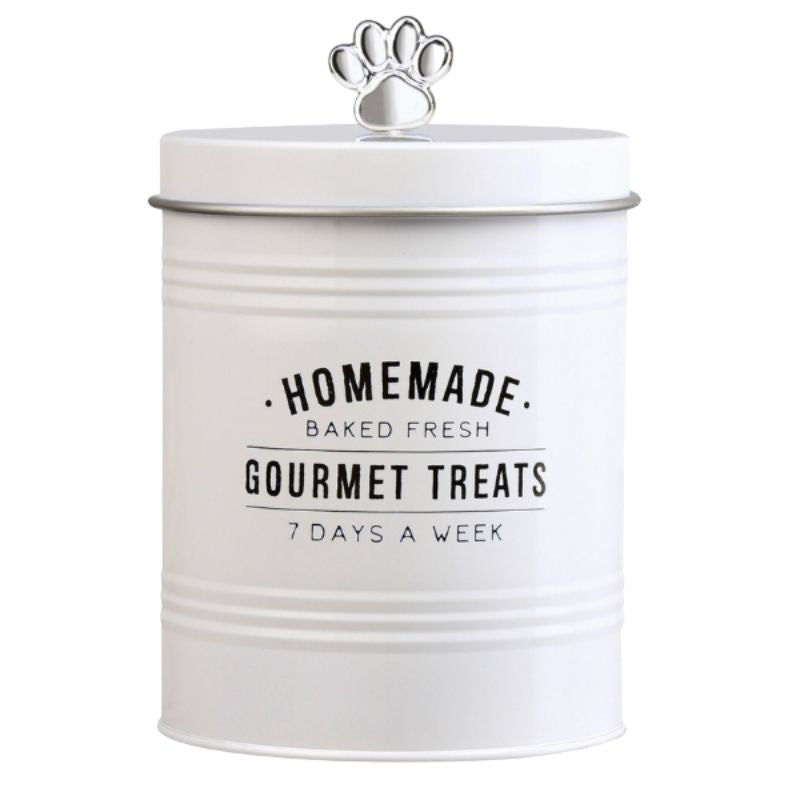 The Gourmet Dog Treat Tin has a simplistic design that will compliment any style of kitchen. With decorative black lettering and a paw-shaped handle design on the lid.