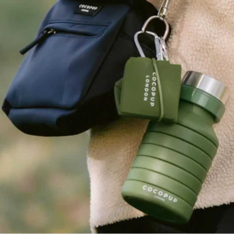 Say hello to our Khaki Collapsible Water Bottle.  This clever design collapses down to a compact size when not in use. When you're ready to fill it, pull it to expand into a regular-size bottle.