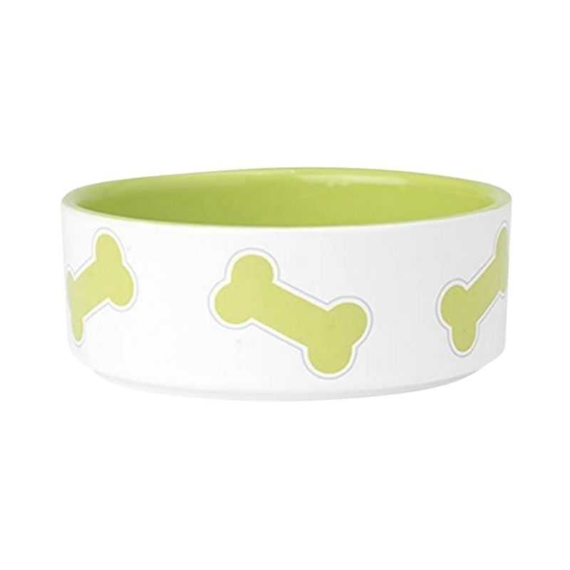 The Kool Bones Lime Green Dog Bowl would be ideal in a modern contemporary kitchen with its white exterior and lime green bone design features