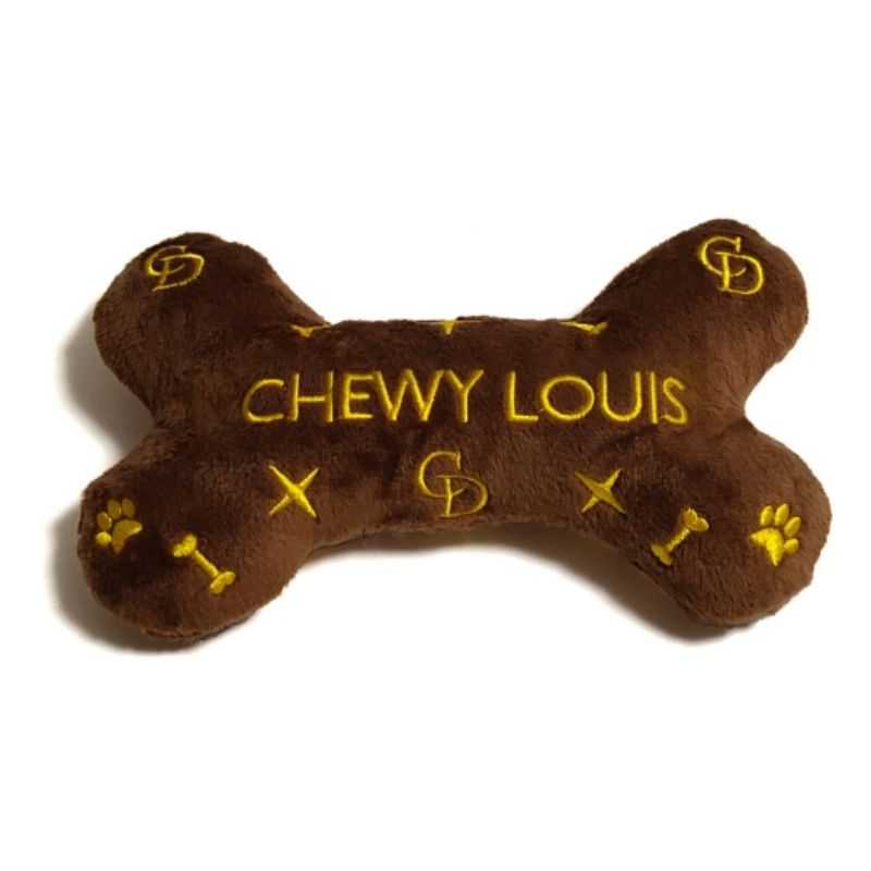 Chewy Louis Bone Dog Toy The ultimate in pooch fashion, the Chewy Louis Bone Dog Toy.  Give your pup the style status that they deserve with our fun novelty pet toy.  Perfect as a Christmas, birthday or happy gotchya day gift.  Built-in Squeaker Measures approx 15cm wide Soft plush material Cute embroidered detail