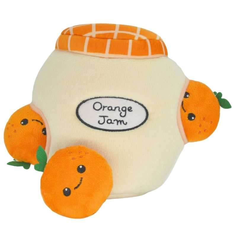 The Orange Jam Pot Burrow Plush Dog Toy will provide hours of interactive play for your pet.  Keep your pooch busy and let them have a fun time trying to figure out how to remove the three squeaky orange toys.
