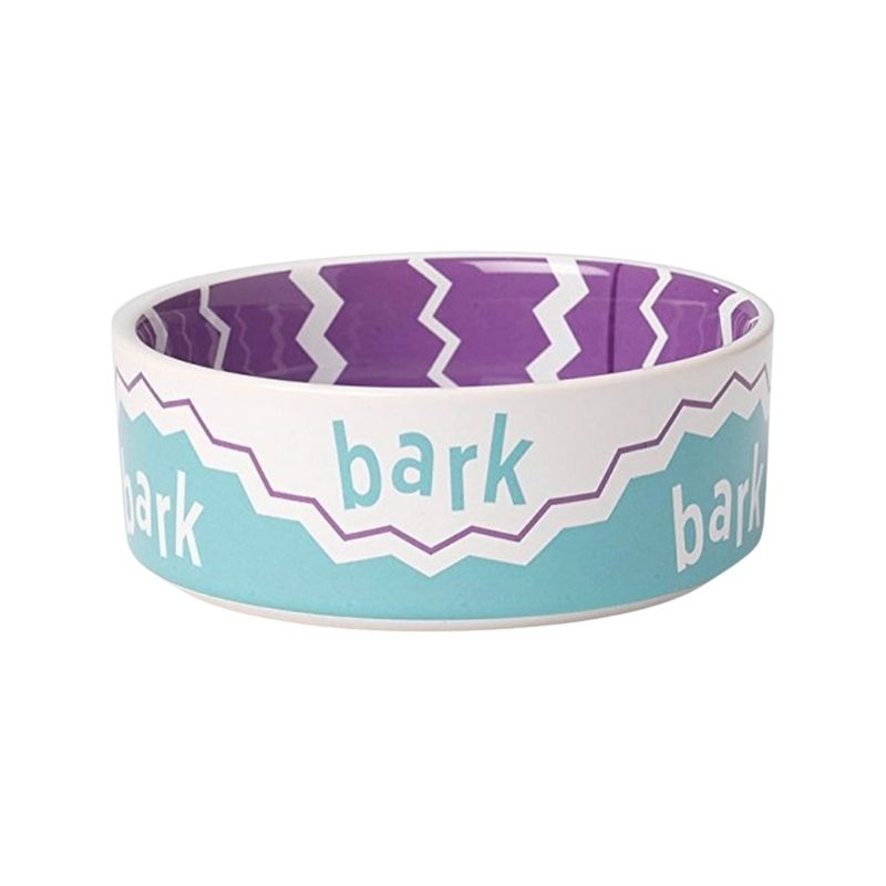 Play Pals Dog Bowl . The Play Pals Dog Bowl features the word “Bark” with a purple design on the interior. Suitable for tiny dog breeds.