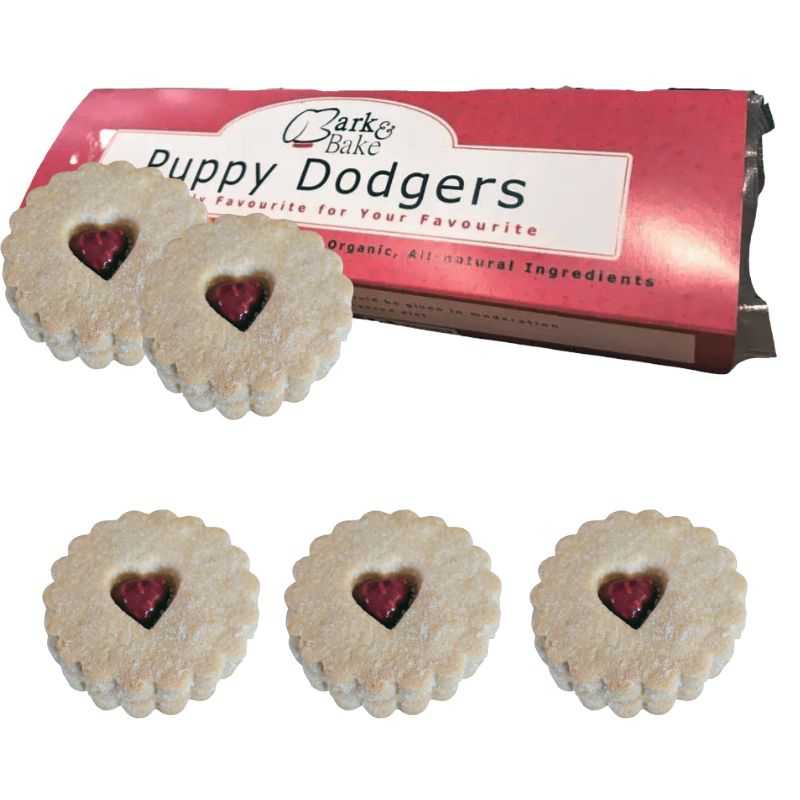 Indulge your dog at snack time with our delicious Puppy Dodgers Dog Biscuits? Layered with two scrumptious coconut and almond biscuits with a raspberry jam filling