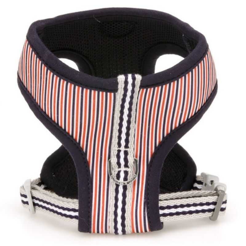 Your pooch will feel comfortable in this Red & Navy Stripe Dog Harness from Hugo & Hudson.  The design of the harness helps to prevent pulling and pressure around your dog’s neck. 