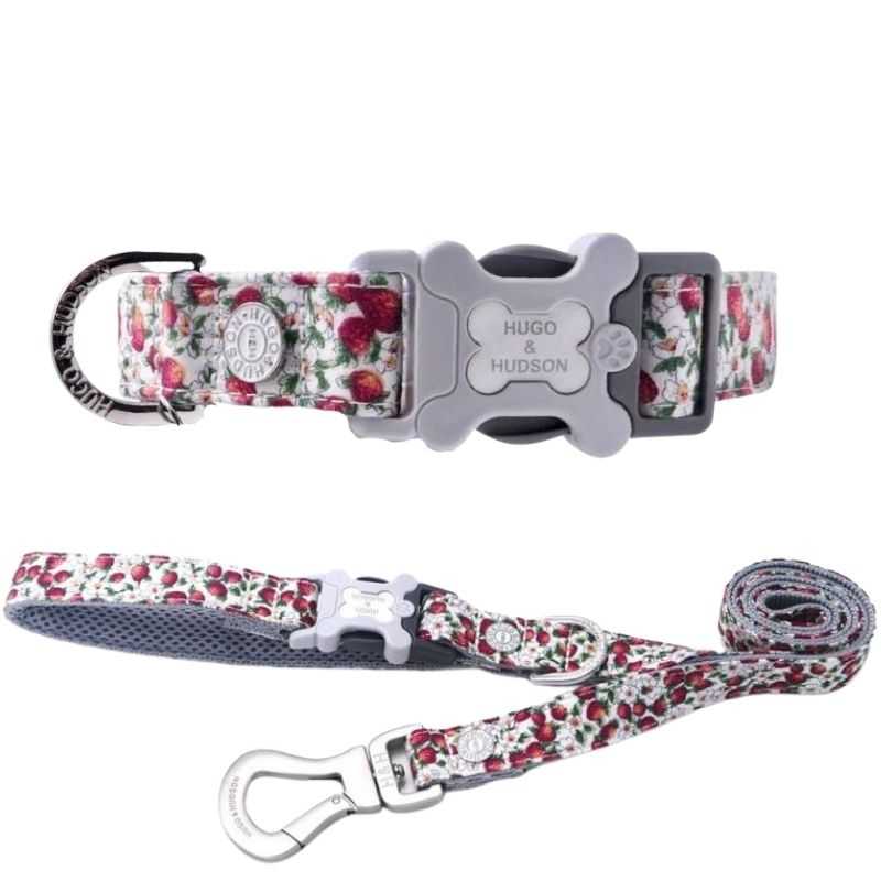 The Strawberry Print Dog Collar & Lead Set is made from high-quality material with a stainless steel finish.