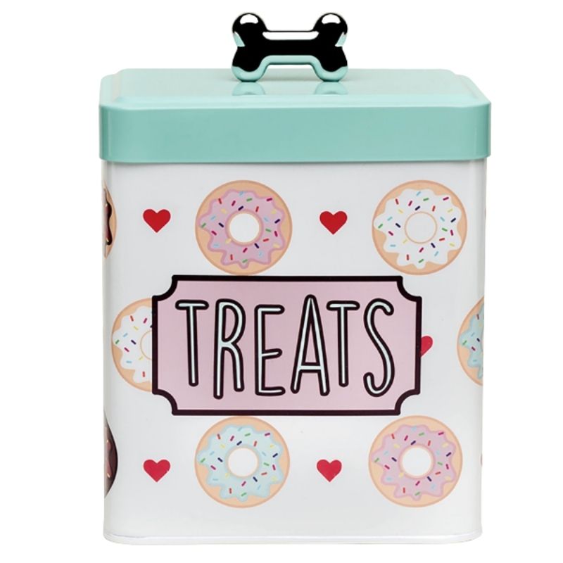 The Barker's Dozen Treat Tin features a doughnut theme design and a push top lid with a metal bone-shaped handle.