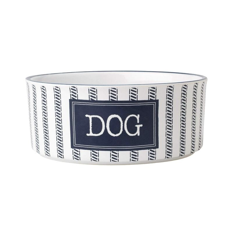 Country Blue Dog Bowl. The Country Blue Dog Bowl features a vertical stripe with the word "DOG" scripted on the front of the bowl.  This handcrafted stoneware range is available in one size.