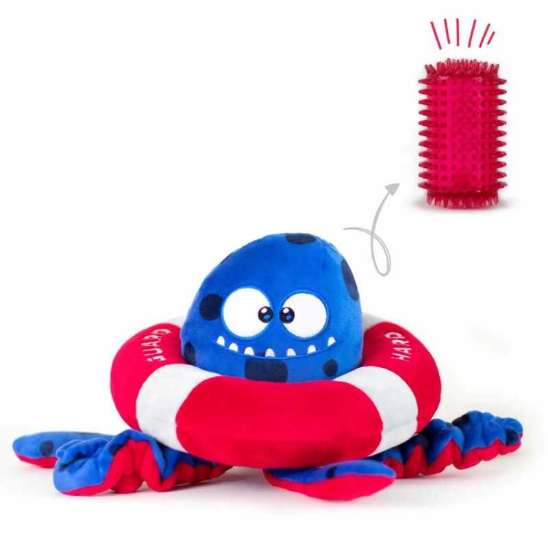 The Tugtopus 2-in-1 Dog Toy is always on duty to rescue your pup from boredom.  He's certified in all kinds of tugging and fetching games. You can shake him and he doesn't mind a good old fashion tug of war.