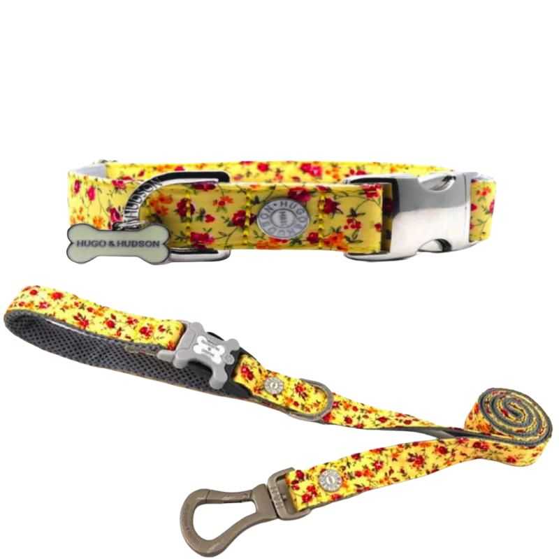 Our Yellow Floral Dog Collar and Lead Sets are made from high-quality material with a stainless steel finish.