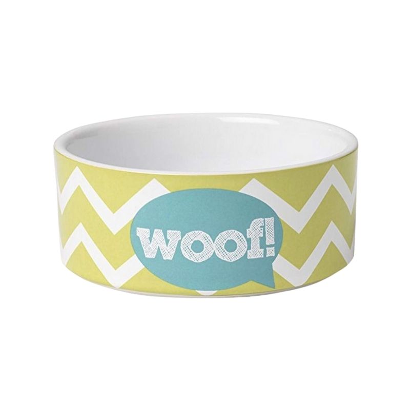 Zigzag Woof Dog Bowl. The Zigzag Woof Dog Bowl features a white and lime green design with the word “Woof” scripted on the exterior. Ideal for small dog breeds.