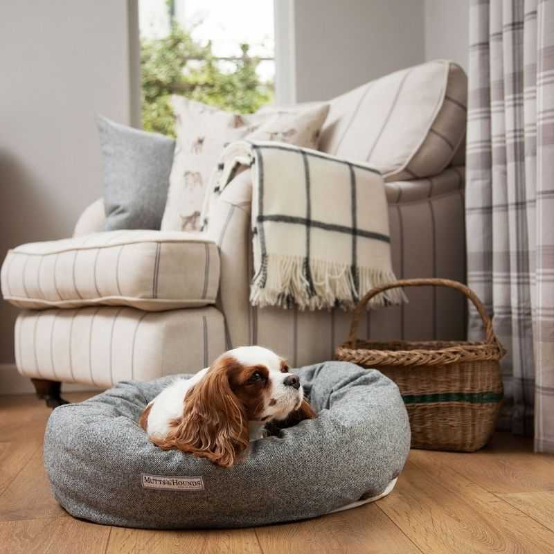 Grey Tweed Donut Dog Bed. Our stylish Grey Tweed Donut Dog Beds are for dogs who deserve the best. A beautiful Grey Herringbone weave tweed crafted in Yorkshire woollen mills since 1837. Made to the highest quality and designed to last